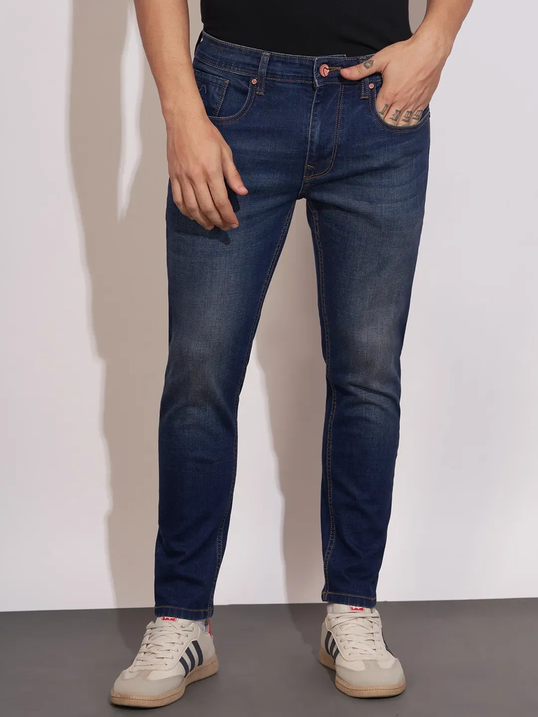 Dark Blue Cropped Fit Denims For Men By Being Human Clothing