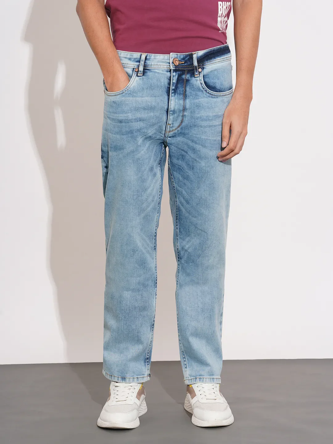 Blue Straight Fit Cotton Blend Men's Denims by Being Human Clothing