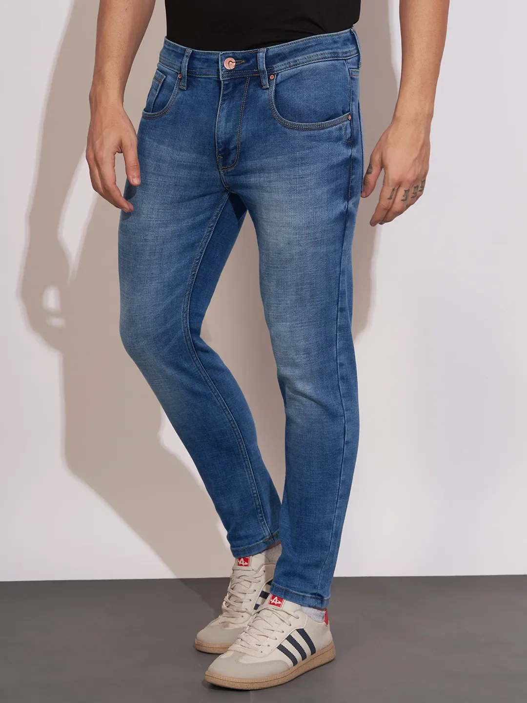 Blue Cropped Fit Cotton Blend Men's Denims by Being Human Clothing - Image 2