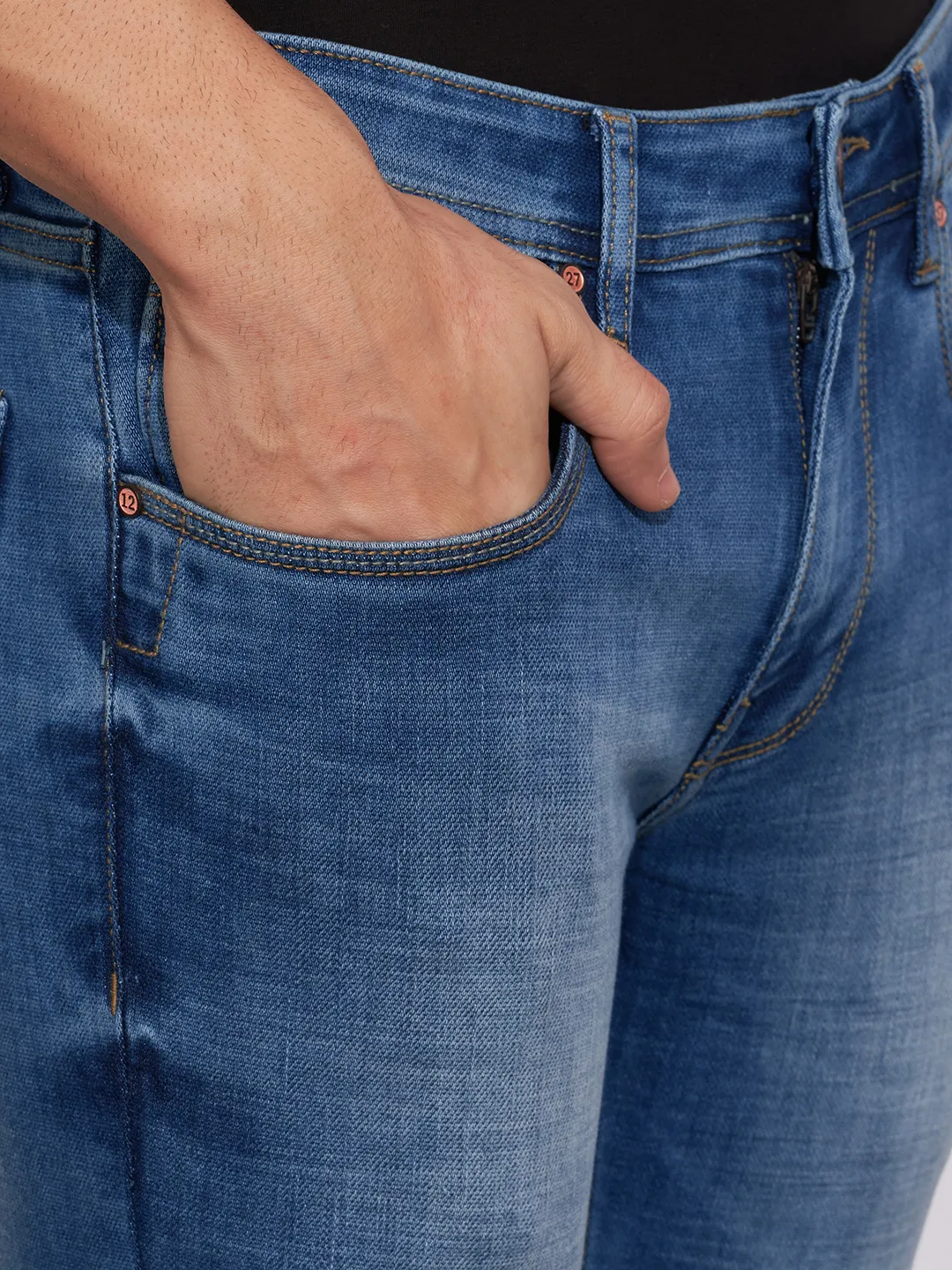 Blue Cropped Fit Cotton Blend Men's Denims by Being Human Clothing - Image 5
