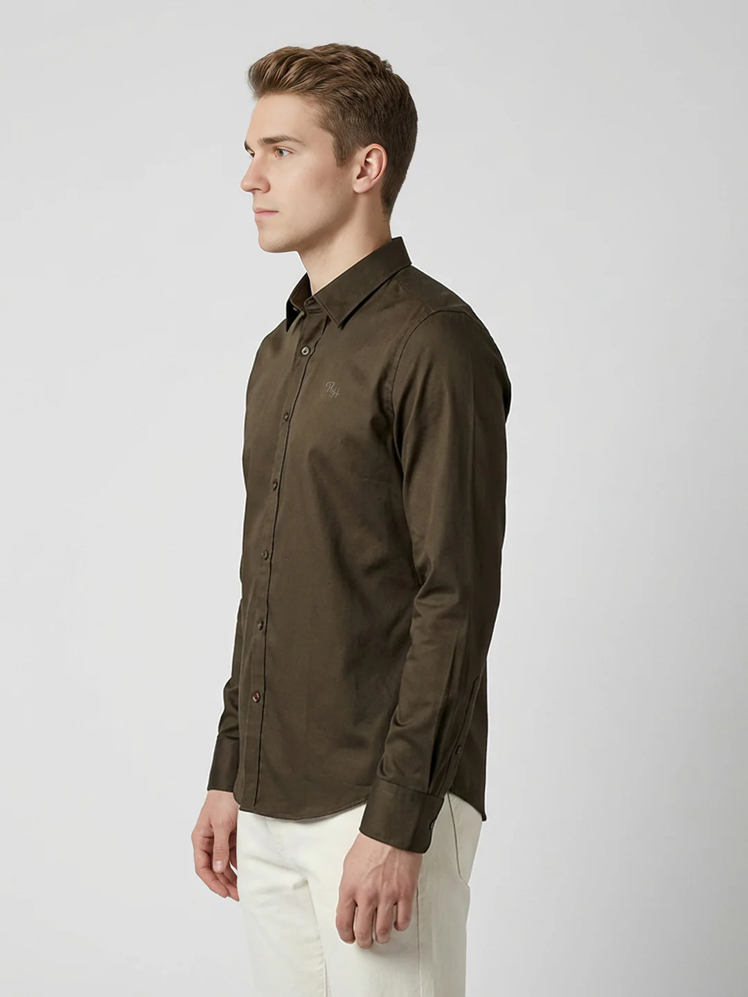 Olive Moderno Fit Men's Long Sleeves Spread Collar Shirt by Being Human Clothing - Image 2