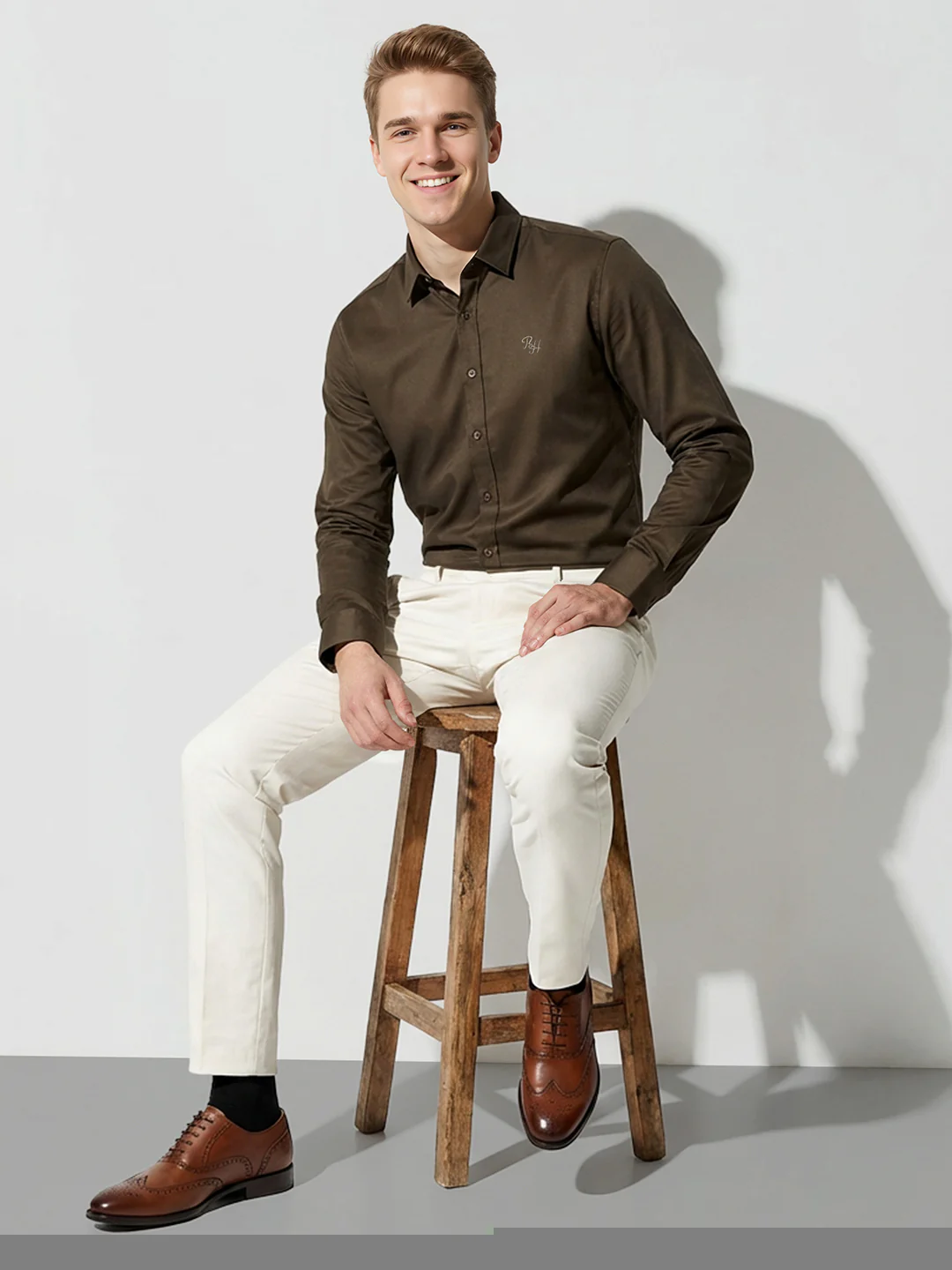 Olive Moderno Fit Men's Long Sleeves Spread Collar Shirt by Being Human Clothing - Image 4